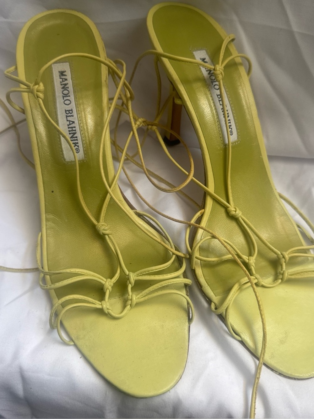 Manolo Blahnik Lemon Yellow Lace-Up Stiletto Sandals
